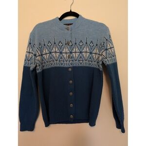 Vintage Jersild Nordic Fair Isle Pewter Button Cardigan Sweater Blue Women's 38